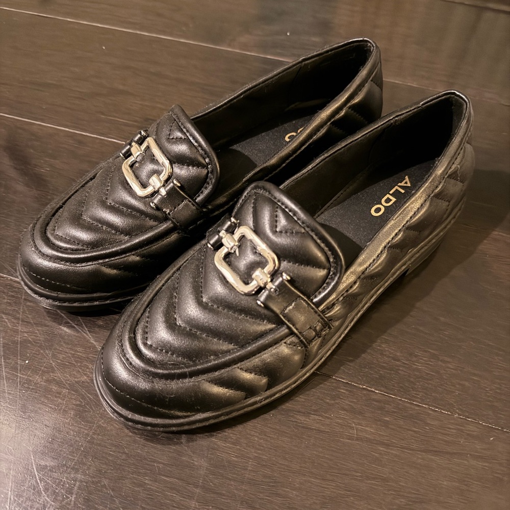 Aldo Quilted Black Loafers with Silver Chain
